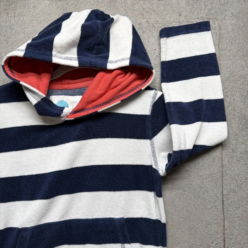 Mini Boden Blue White Striped‎ Terry Cloth Hoodie Kids 7 8